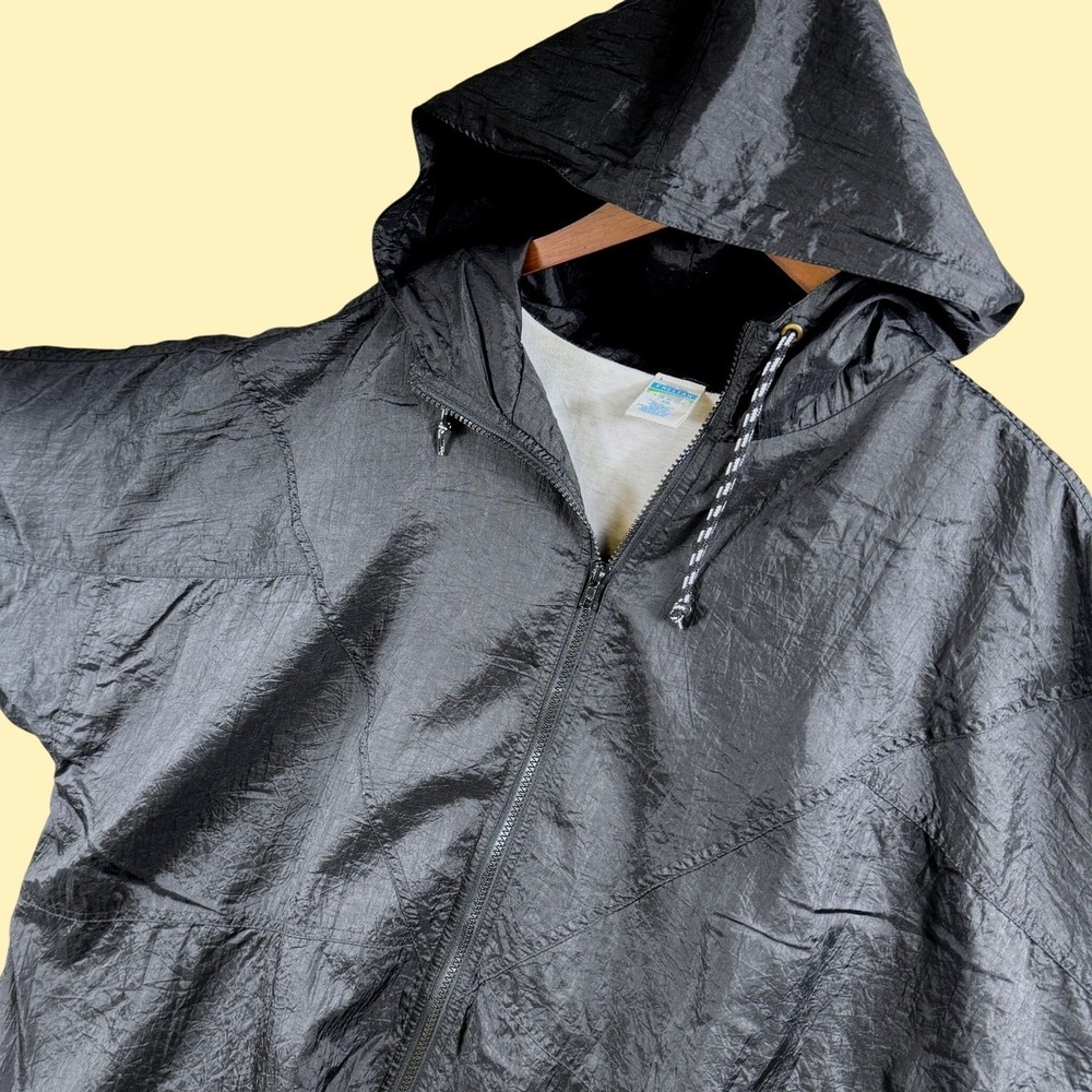 Vintage‎ Cheetah Windbreaker Men XXL Black Nylon Hooded Zip Up Mervyns
